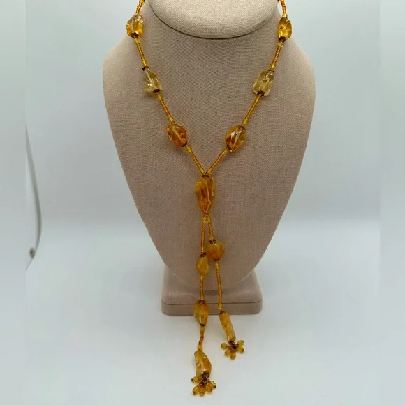 Vintage amber stone beaded dangle necklace - Picture 1 of 5